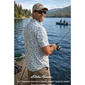 Eddie Bauer Fishing Print Shirt L Classic Fit Cotton Novelty Fly Fishing NWOT